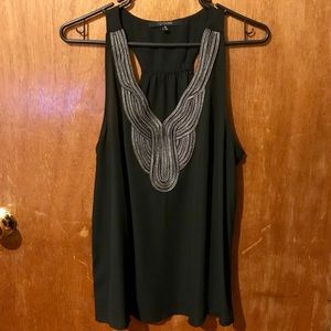 Black dressy racerback top with metallic detail